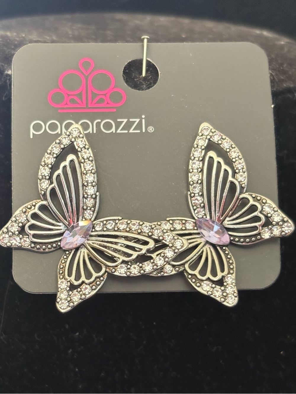 Paparazzi Silver Butterfly Crystal Earrings - Lavender Center
